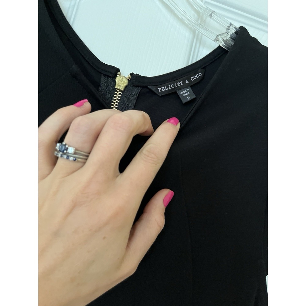 Women's Black Midi Body Con Capped Sleeved Zippered Dress Size Med Classy Sexy - Picture 4 of 10